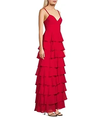 B. Darlin Chiffon Double Spaghetti Strap V-Neck Tiered Ruffle Long Dress