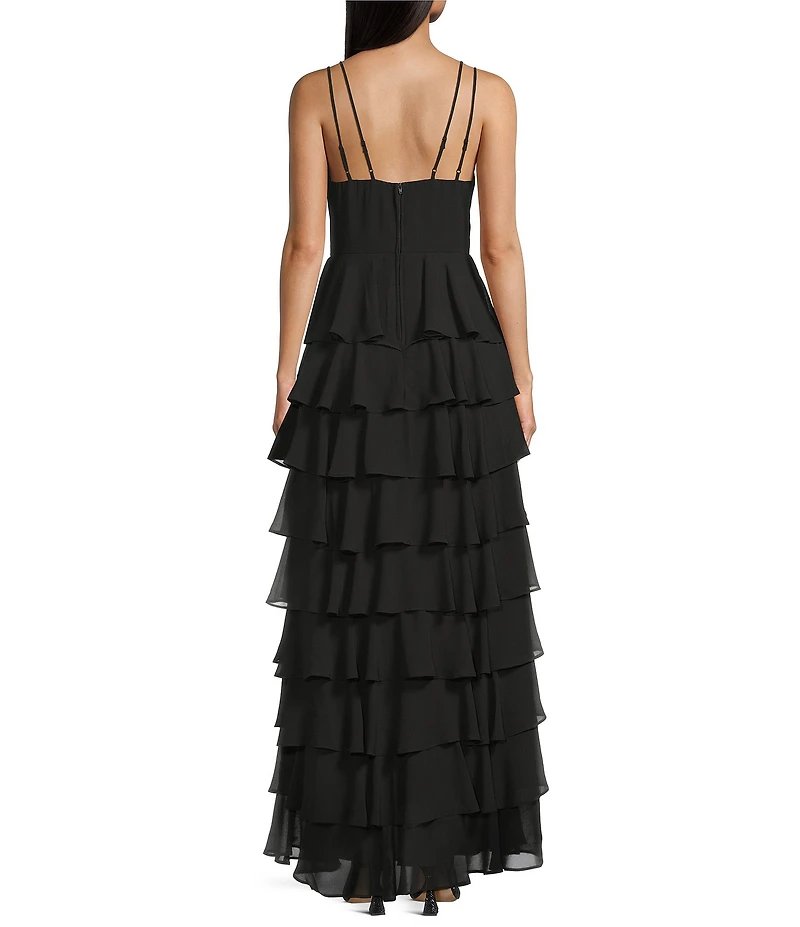 B. Darlin Chiffon Double Spaghetti Strap V-Neck Tiered Ruffle Long Dress
