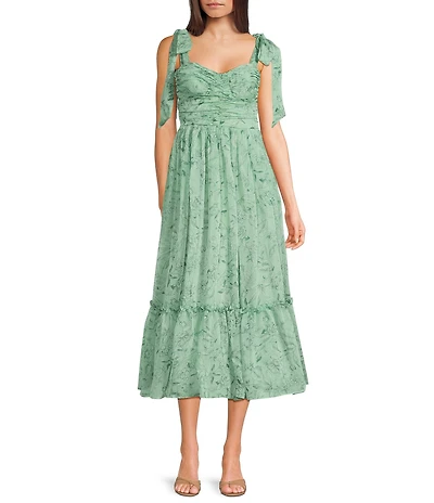 B. Darlin Chiffon Floral Print Tie Shoulder Ruffled Midi Dress