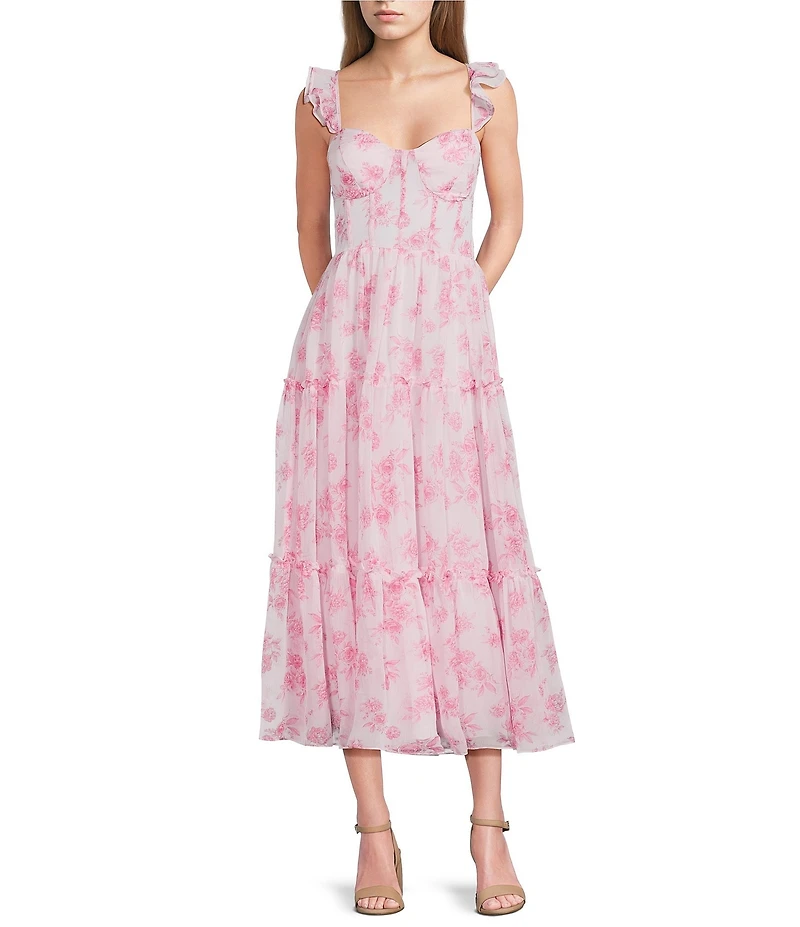 B. Darlin Chiffon Floral Printed Sweetheart Neck Bustier Layered Midi Dress