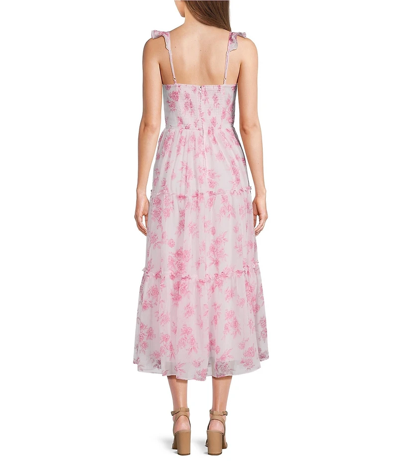 B. Darlin Chiffon Floral Printed Sweetheart Neck Bustier Layered Midi Dress