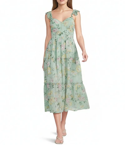 B. Darlin Chiffon Floral Printed Sweetheart Neck Flutter Sleeve Tiered Midi Dress