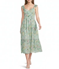 B. Darlin Chiffon Floral Printed Sweetheart Neck Flutter Sleeve Tiered Midi Dress