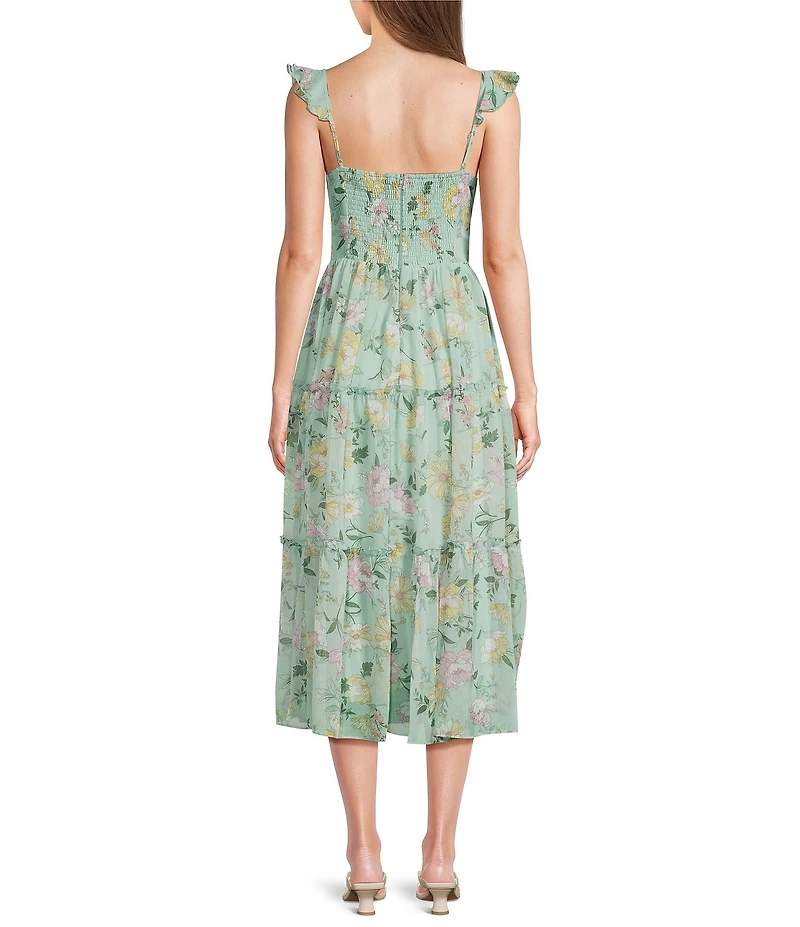 B. Darlin Chiffon Floral Printed Sweetheart Neck Flutter Sleeve Tiered Midi Dress