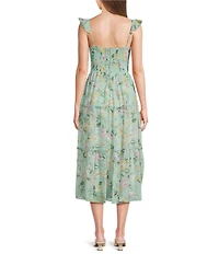 B. Darlin Chiffon Floral Printed Sweetheart Neck Flutter Sleeve Tiered Midi Dress