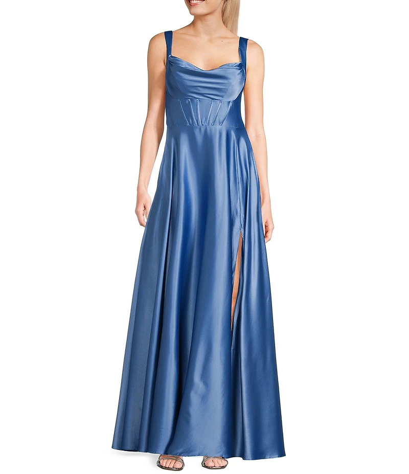 B. Darlin Cowl Neck Corset Wide Strap Sleeveless Side Slit Dress