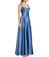 B. Darlin Cowl Neck Corset Wide Strap Sleeveless Side Slit Dress