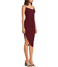 B. Darlin Cowl Neck Shirred Asymmetric Hem Knee Length Dress