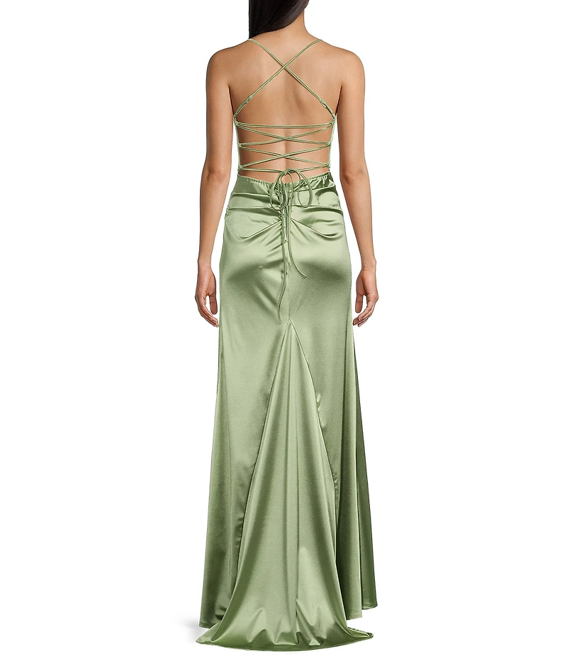 B. Darlin Cowl Neck Spaghetti Strap Lace Up Back Dress