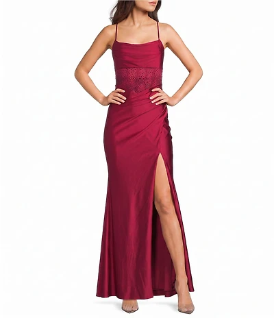 B. Darlin Cowl Neck Spaghetti Strap Rhinestone Illusion Corset Bodice Front Slit Dress