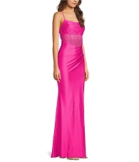 B. Darlin Cowl Neck Spaghetti Strap Rhinestone Illusion Corset Bodice Front Slit Dress