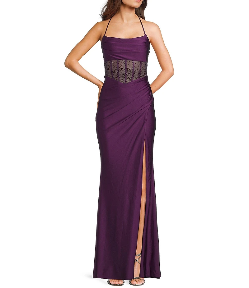 B. Darlin Cowl Neck Spaghetti Strap Rhinestone Illusion Corset Bodice Front Slit Dress