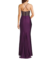 B. Darlin Cowl Neck Spaghetti Strap Rhinestone Illusion Corset Bodice Front Slit Dress