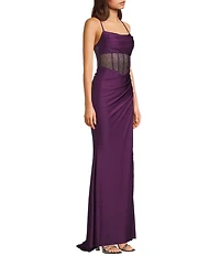 B. Darlin Cowl Neck Spaghetti Strap Rhinestone Illusion Corset Bodice Front Slit Dress