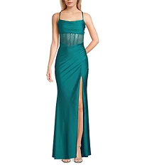 B. Darlin Cowl Neck Spaghetti Strap Rhinestone Illusion Corset Bodice Front Slit Dress