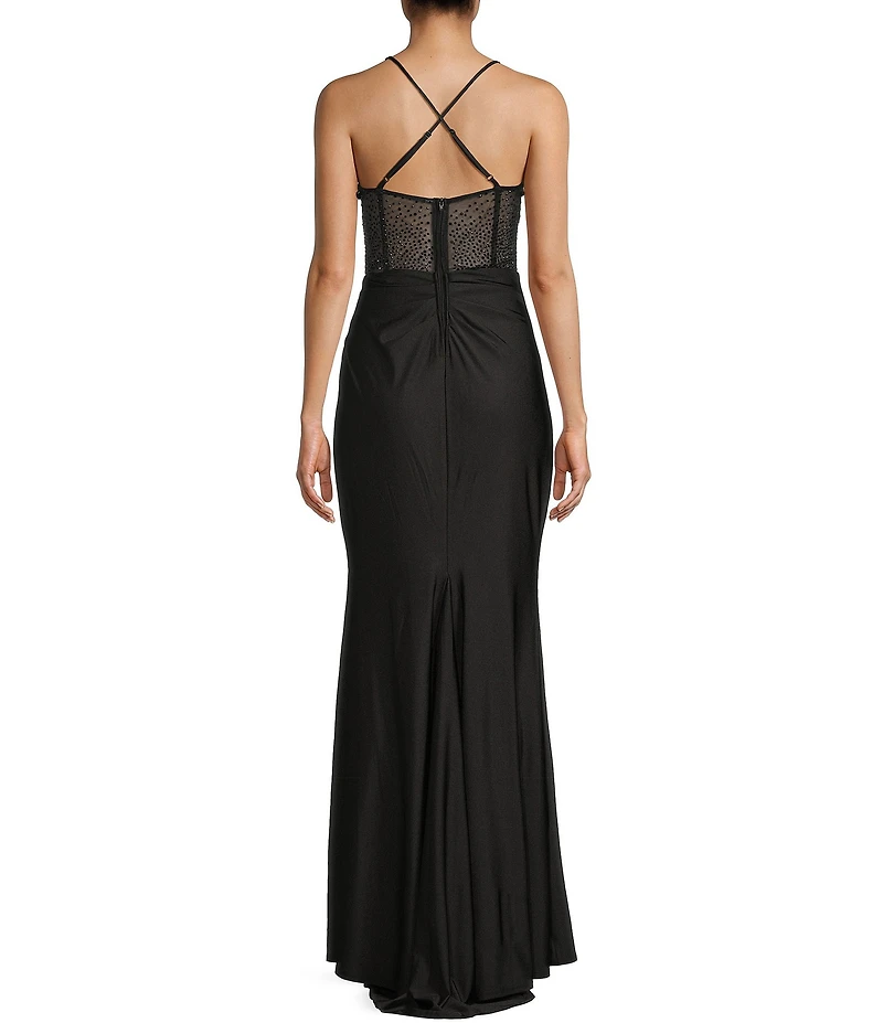 B. Darlin Cowl Neck Spaghetti Strap Rhinestone Illusion Corset Bodice Front Slit Dress