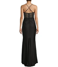 B. Darlin Cowl Neck Spaghetti Strap Rhinestone Illusion Corset Bodice Front Slit Dress
