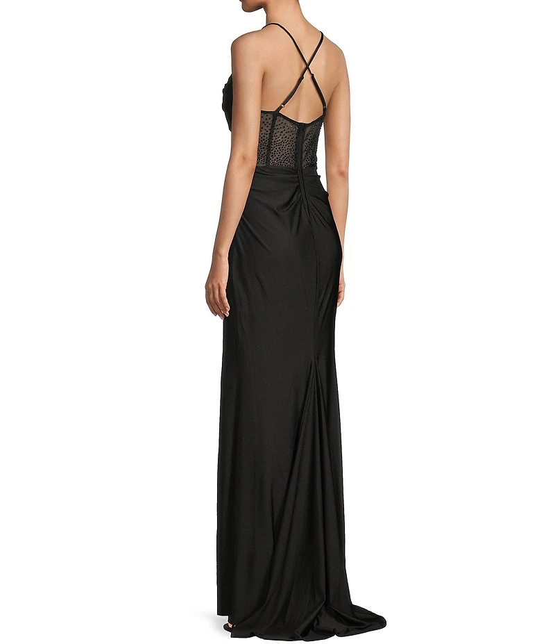 B. Darlin Cowl Neck Spaghetti Strap Rhinestone Illusion Corset Bodice Front Slit Dress