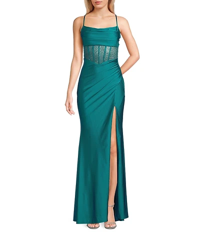 B. Darlin Cowl Neck Spaghetti Strap Rhinestone Illusion Corset Bodice Front Slit Dress