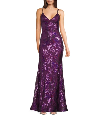 B. Darlin Double Spaghetti Strap Lace Up Back V-Neck Placement Sequin Long Dress