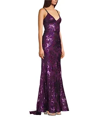 B. Darlin Double Spaghetti Strap Lace Up Back V-Neck Placement Sequin Long Dress