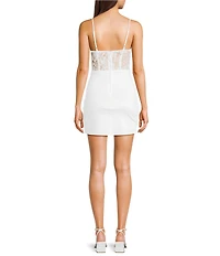 B. Darlin Drape Neck Illusion Bodice Shirred Slim Dress