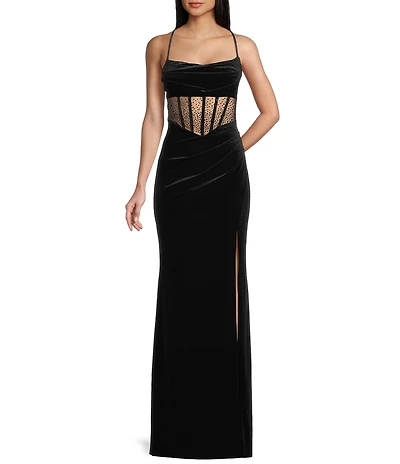 B. Darlin Drape Neck Illusion Corset Bodice Front Slit Gown