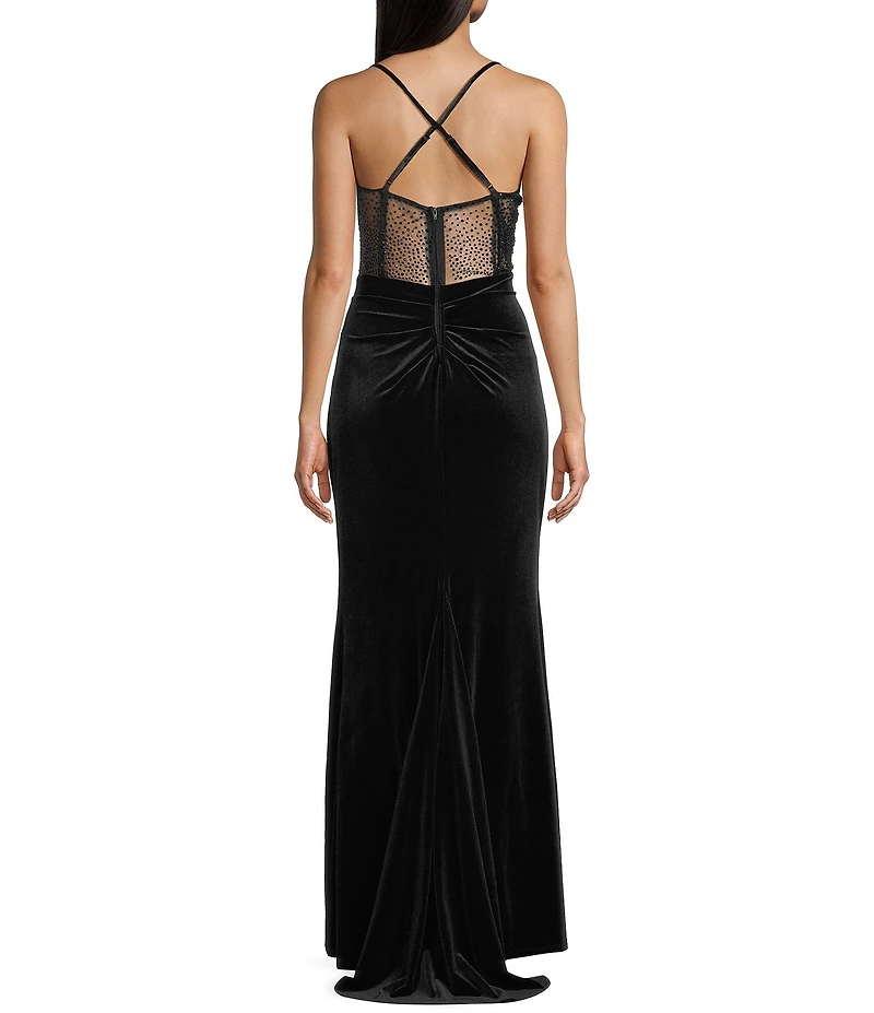B. Darlin Drape Neck Illusion Corset Bodice Front Slit Gown