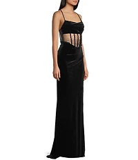 B. Darlin Drape Neck Illusion Corset Bodice Front Slit Gown