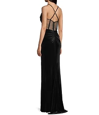 B. Darlin Drape Neck Illusion Corset Bodice Front Slit Gown