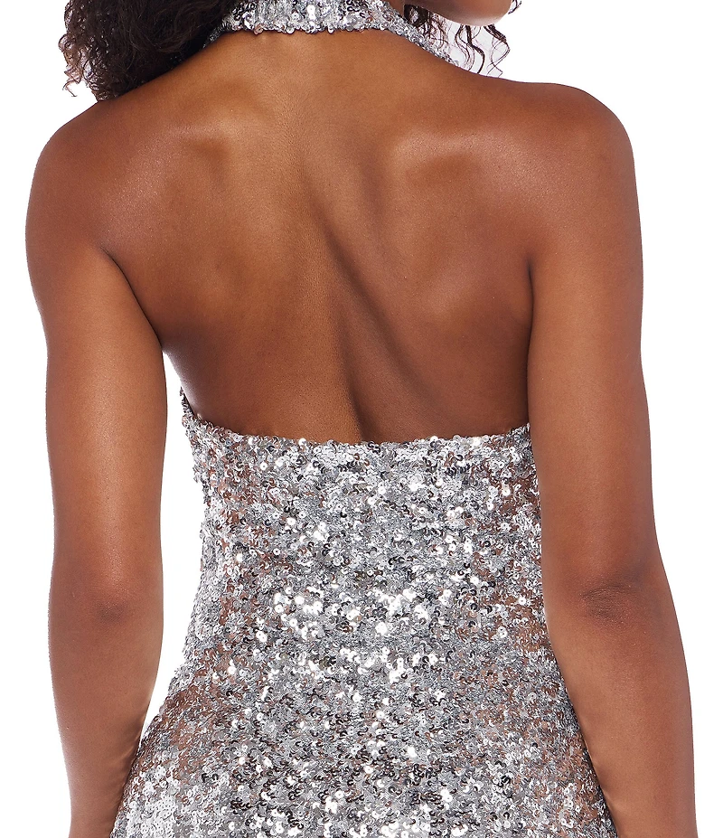 B. Darlin Embroidered Sequin Halter Cowl Neck Bodycon Dress