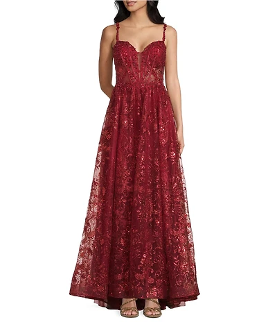 B. Darlin Embroidered V-Neck Illusion Corseted Dress