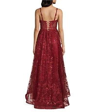 B. Darlin Embroidered V-Neck Illusion Corseted Dress