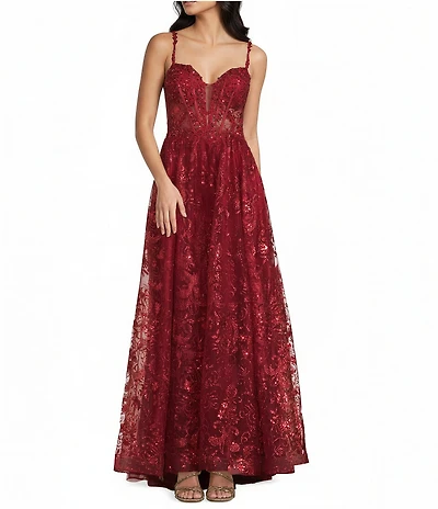 B. Darlin Embroidered V-Neck Illusion Corseted Long Dress