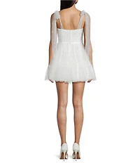 B. Darlin Faux Pearl Embellished Mesh Bustier Bodice Tie Shoulder Dress