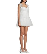 B. Darlin Faux Pearl Embellished Mesh Bustier Bodice Tie Shoulder Dress