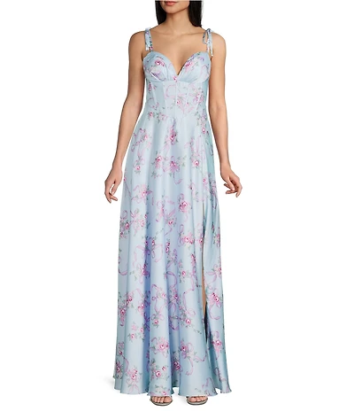 B. Darlin Floral Bow Printed Sweetheart Neck Corseted Side Slit Dress