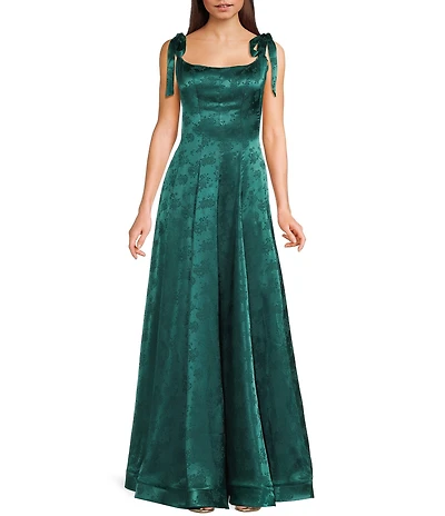 B. Darlin Floral Jacquard Scoop Neck Tie Strap Long Dress