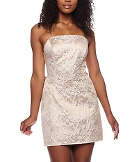 B. Darlin Floral Jacquard Strapless Lace Up Bow Back Dress