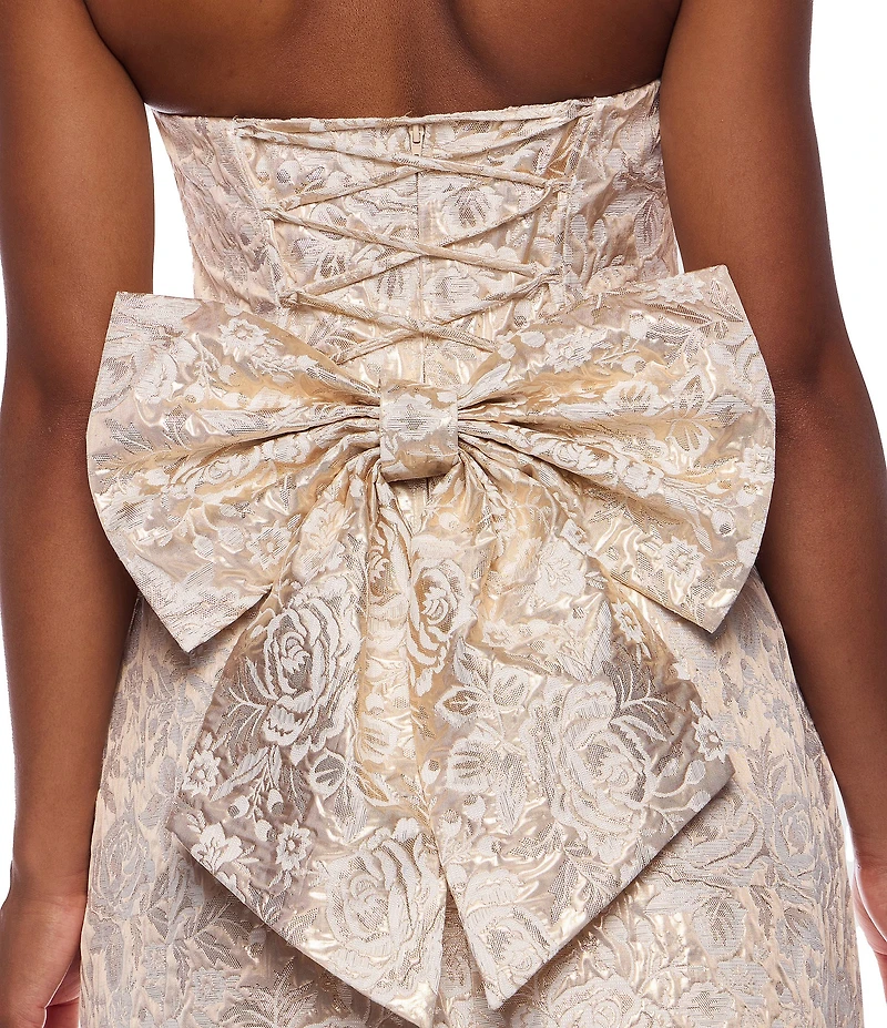 B. Darlin Floral Jacquard Strapless Lace Up Bow Back Dress