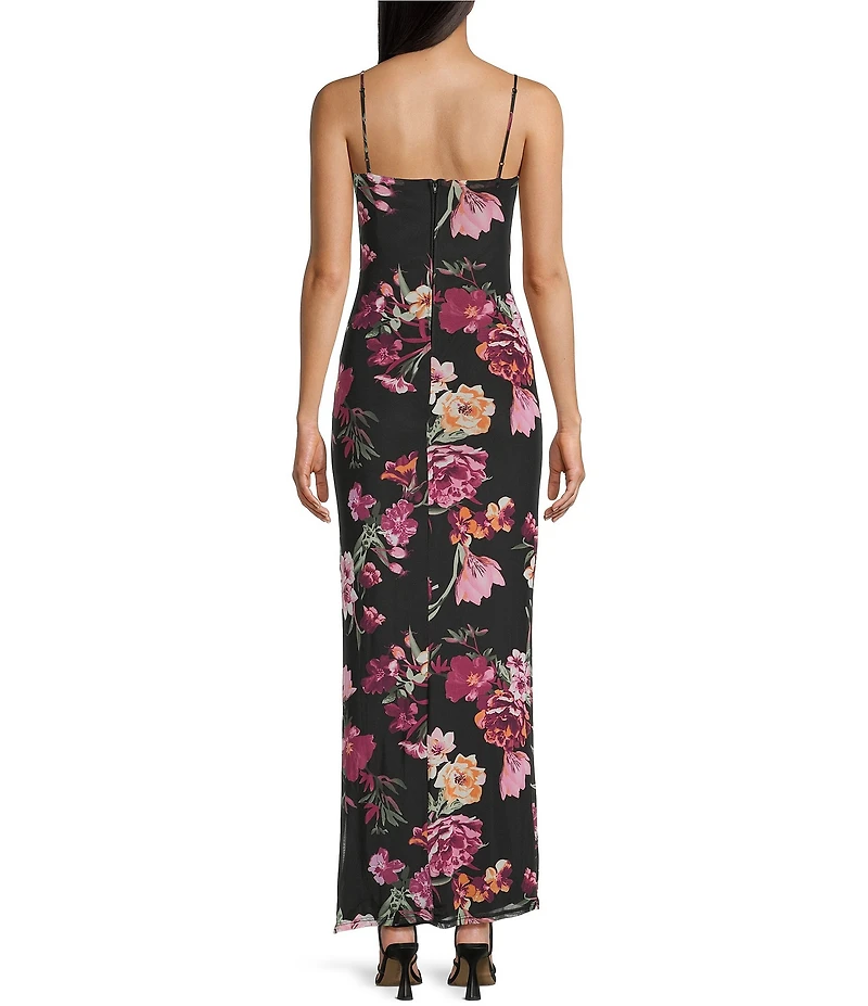 B. Darlin Floral Print Mesh Cowl Neck Side Slit Maxi Dress