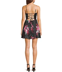 B. Darlin Floral Print Pleated Bustier Lace Up Back Skater Dress