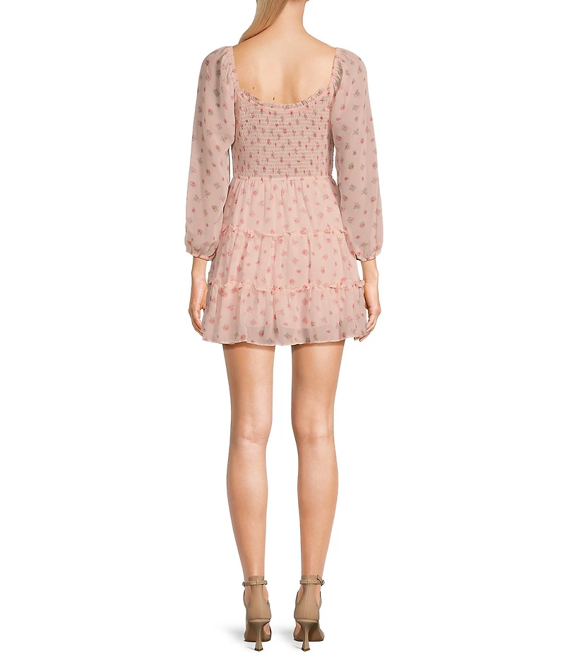 B. Darlin Floral Print Smocked Bodice Long Sleeve Tiered Dress