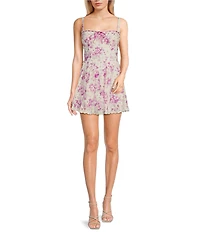 B. Darlin Floral Print Square Neck Lace & Ribbon Trim A-Line Dress