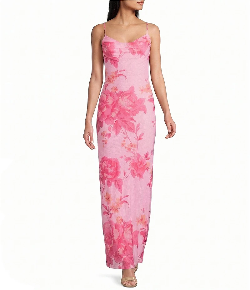 B. Darlin Floral Printed Cowl Neck Side Slit Maxi Dress