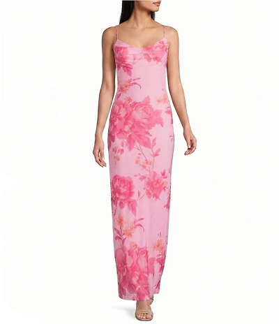 B. Darlin Floral Printed Cowl Neck Side Slit Maxi Dress
