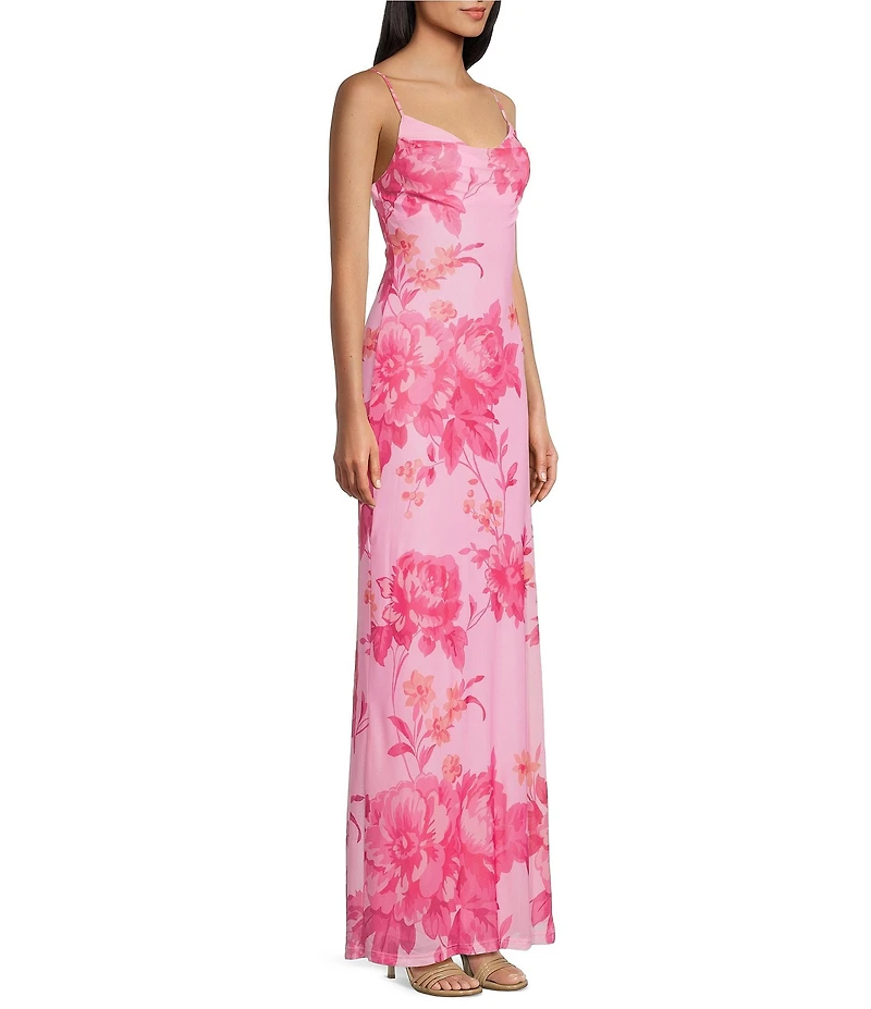 B. Darlin Floral Printed Cowl Neck Side Slit Maxi Dress