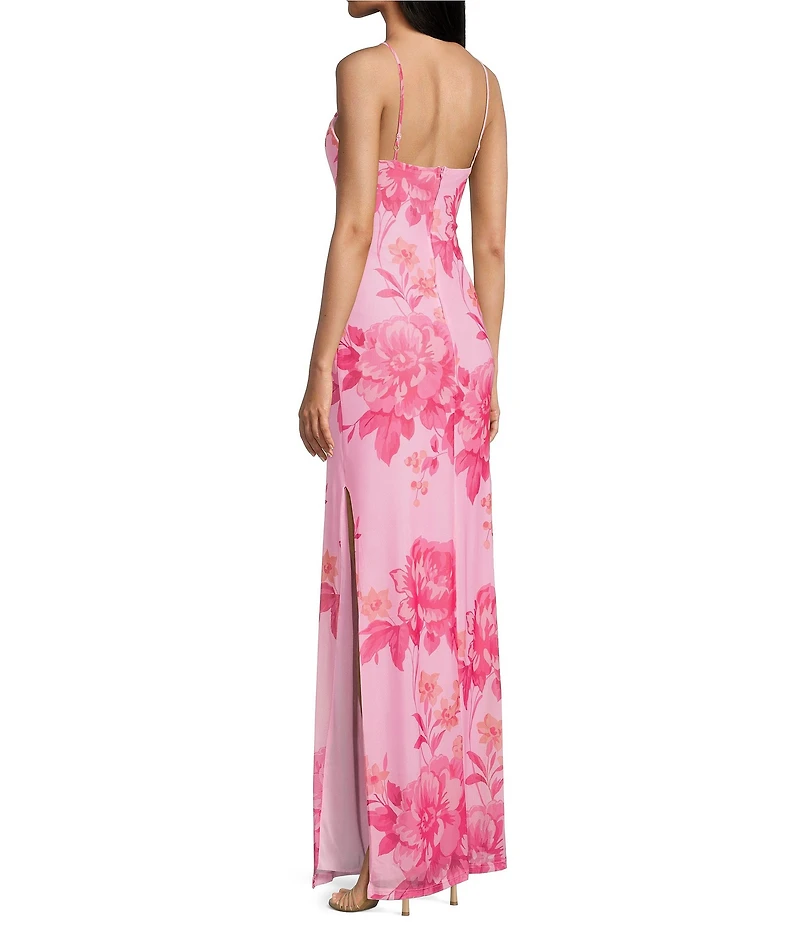 B. Darlin Floral Printed Cowl Neck Side Slit Maxi Dress