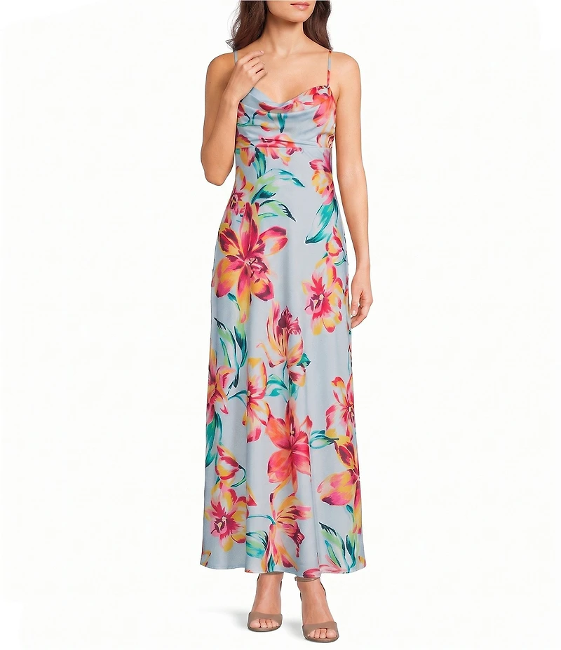 B. Darlin Floral Printed Drape Neck Lace Up Back Midi Dress