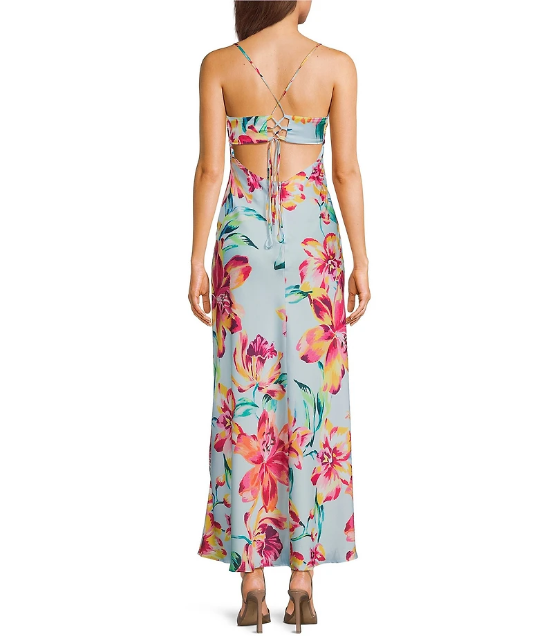 B. Darlin Floral Printed Drape Neck Lace Up Back Midi Dress